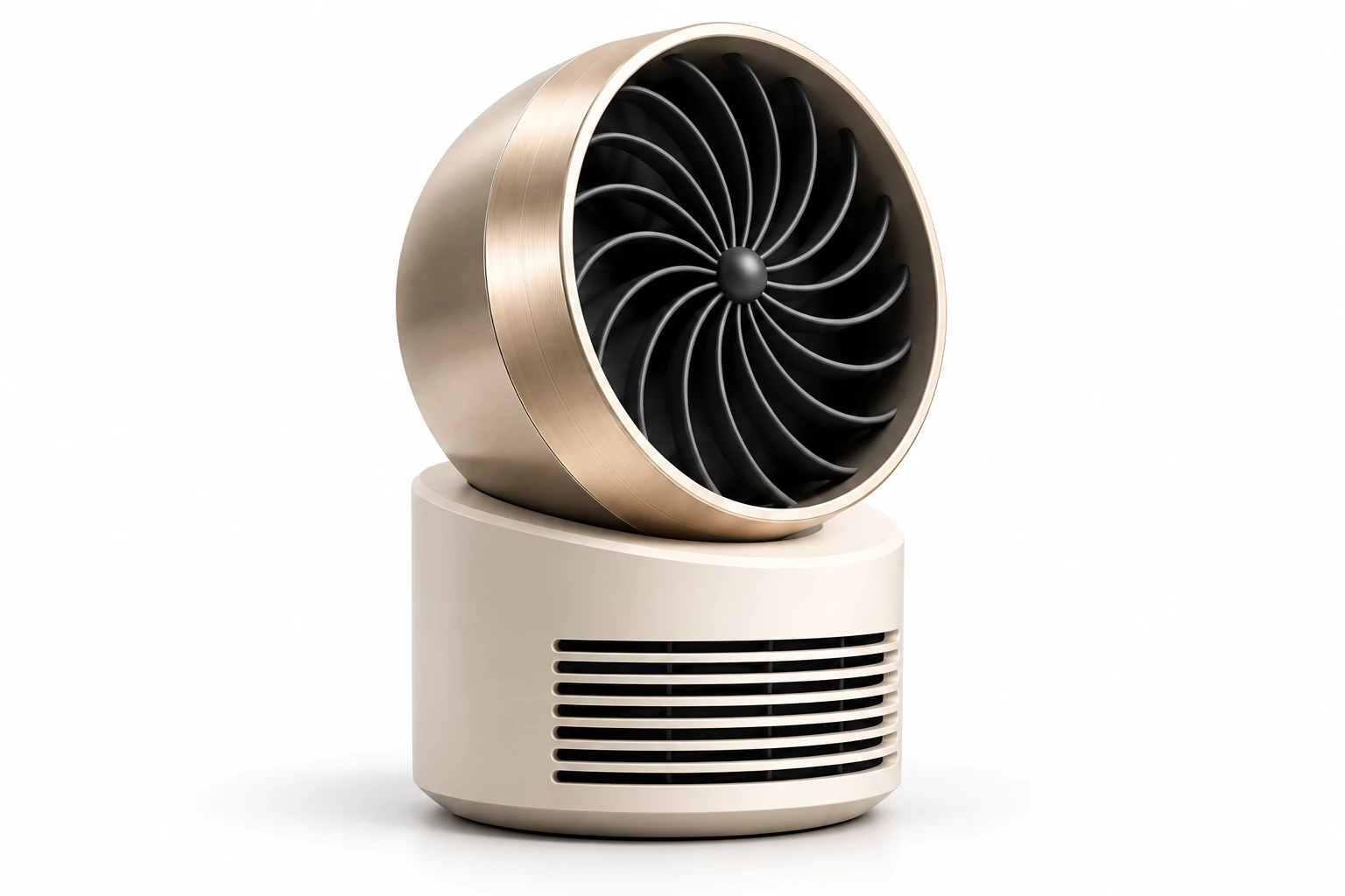 Champagne aluminium and ivory desktop fan with a sculpted spiral grille, a custom finish concept