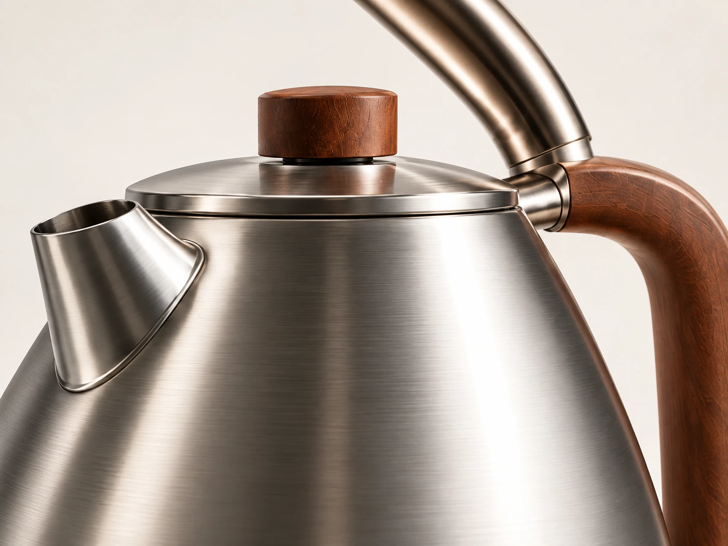 Close-up of brushed steel kitchenware with a warm wood handle
