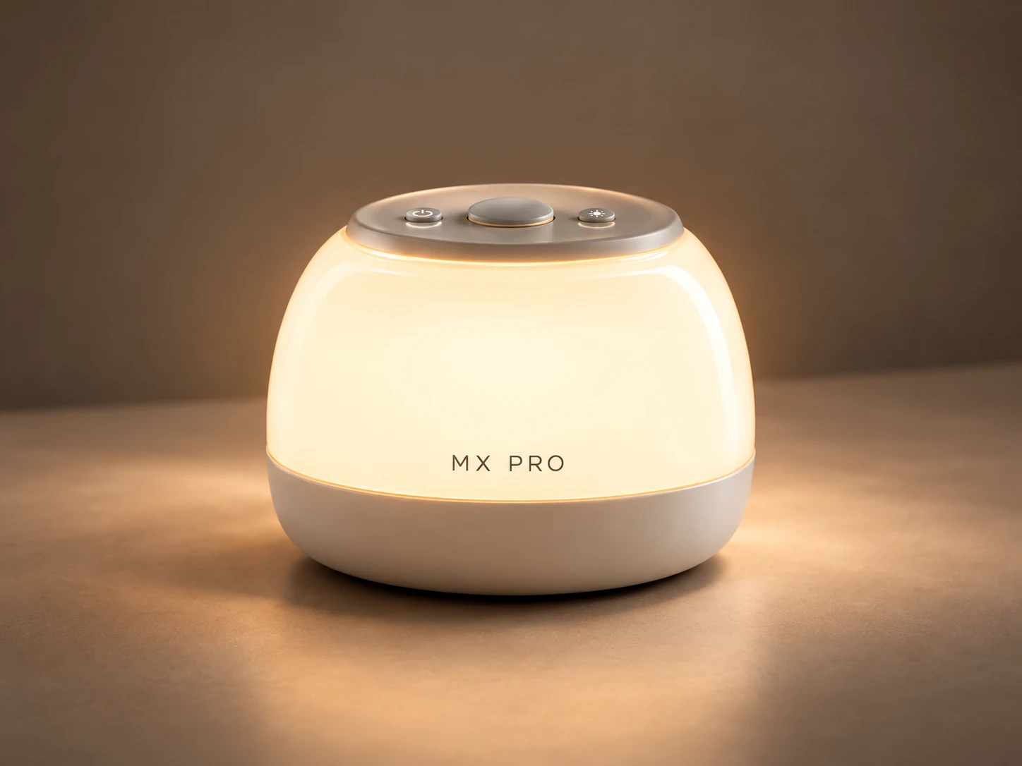 A rounded ivory sound and night light glowing in a warm interior setting